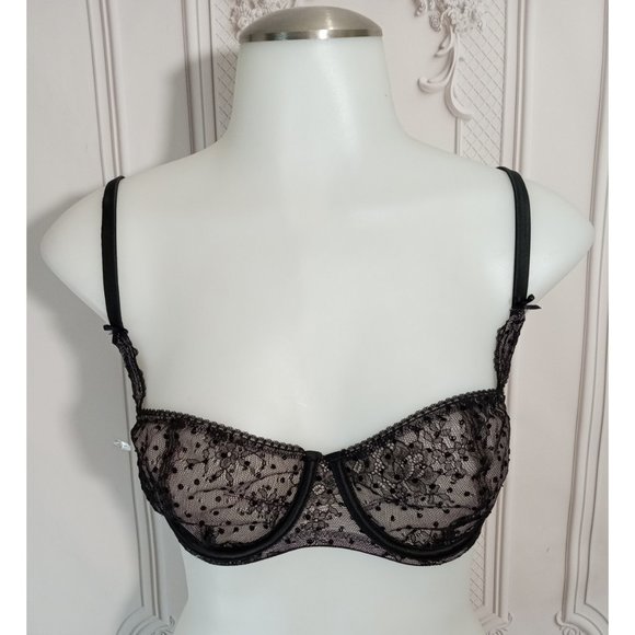 Victoria's Secret Dream Angels Black Dot Mesh Merry Widow Balconette Bra 32DD - Picture 3 of 7
